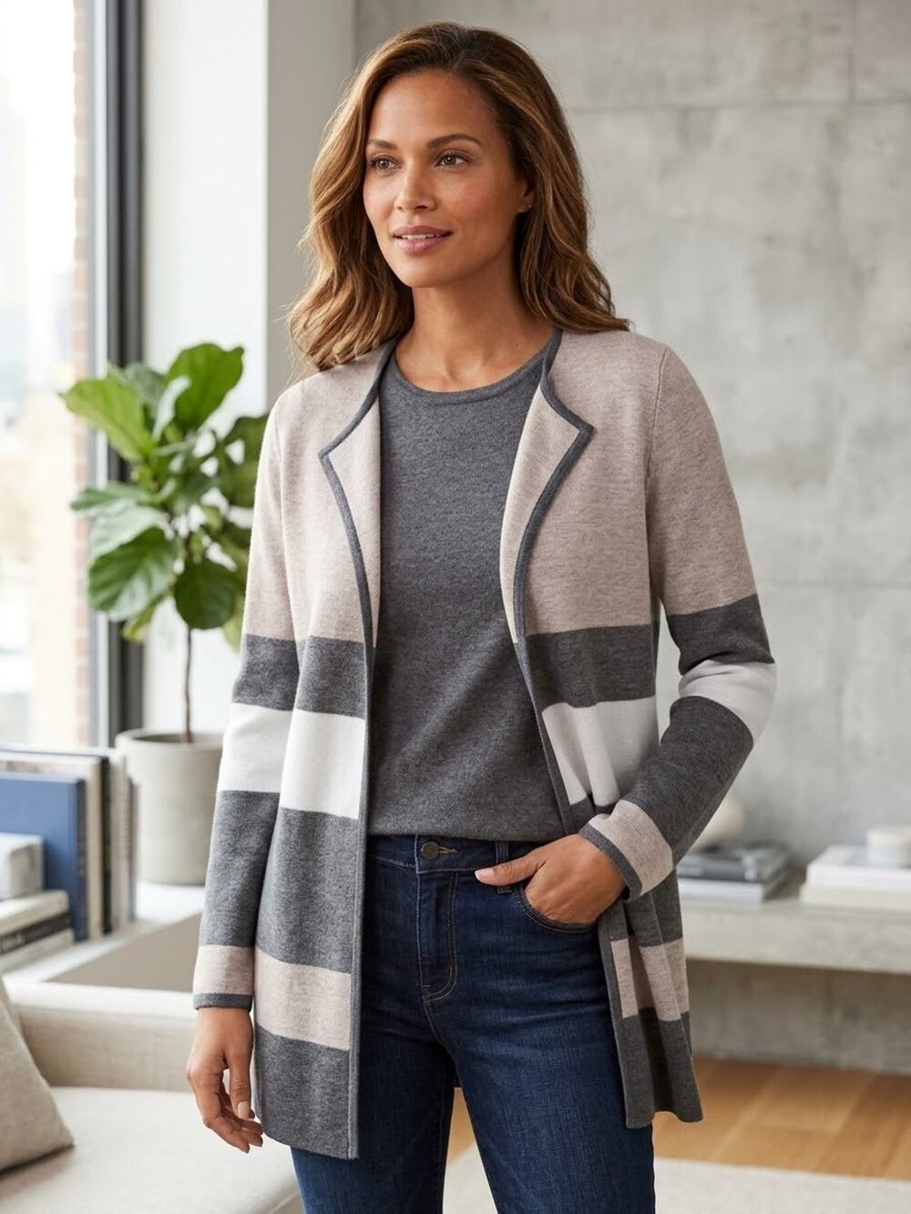 TalbotsPure Merino Wool Striped Open Front Duster Cardigan Sweater M Gray Beige